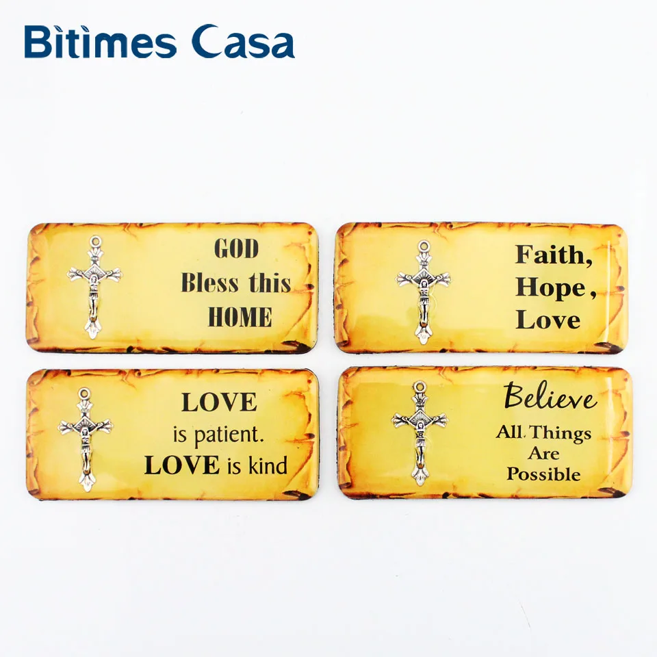 

Bitimes 4 Pieces/Lot Epoxy Fridge Magnets The Bible Silvery Cross Magnetic Refrigerator Sticker With Wisdom Words Aimant