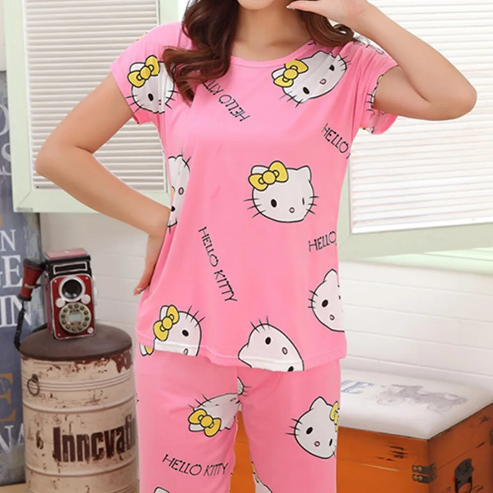 Новые женские Повседневное пижамный комплект мультфильм Печать шею с коротким