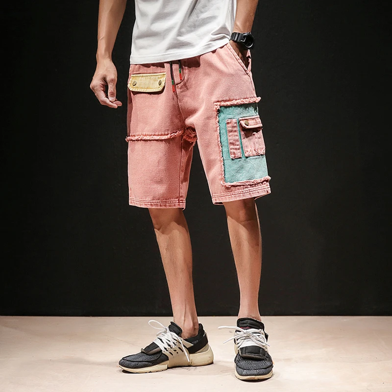 2018 новый дизайн Для мужчин джинсы брюки Лоскутные Drawstring Cargo короткие Прямые