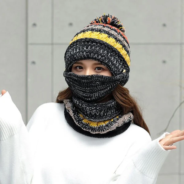 Ymsaid, зимняя женская шапка, Skullies, теплые шапки, женский шерстяной шарф, маска, шапка, шапки, набор из 3 предметов, Балаклава, шапочка, лыжная вязаная шапка - Цвет: black