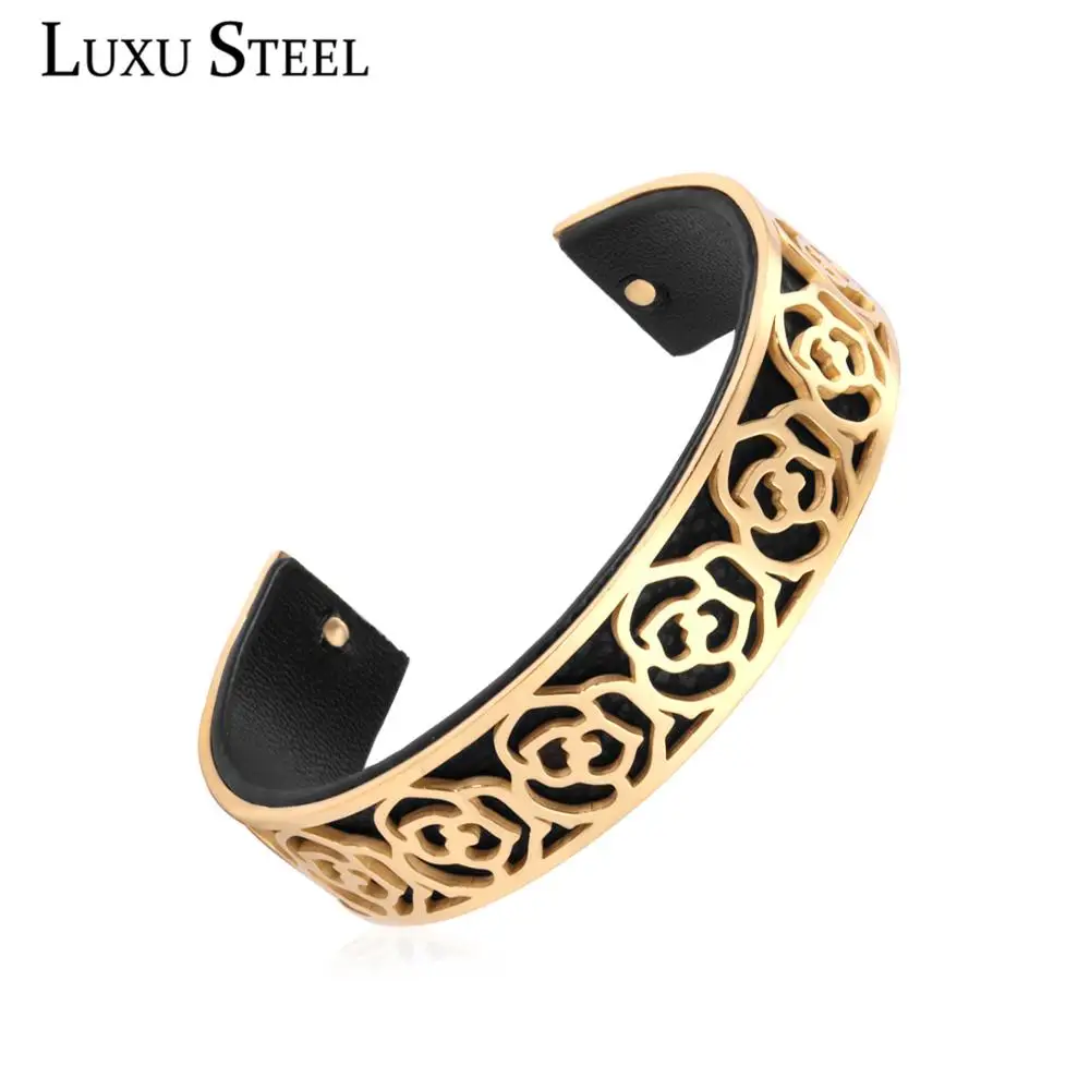 Браслет манжета LUXUSTEEL из двусторонней кожи для женщин ювелирное изделие золотого