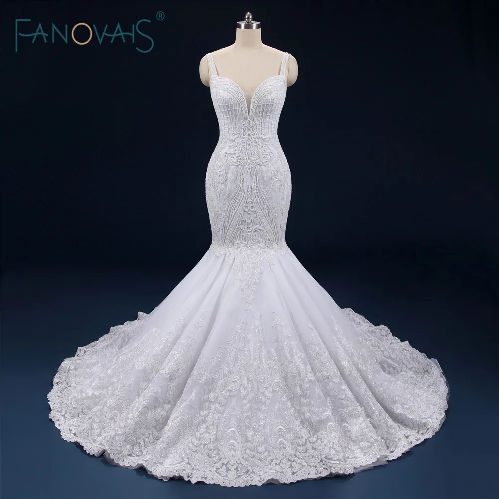 

Luxury Mermaid Wedding Dresses 2019 Straps Sweetheart Lace Wedding Gown Tulle Heavy Beaded Robe de Mariee Custom Made NW35