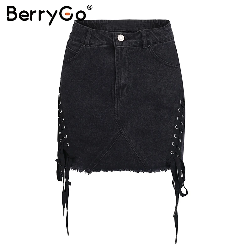 BerryGo черная джинсовая юбка на шнуровке в стиле панк сексуальная юбка-карандаш