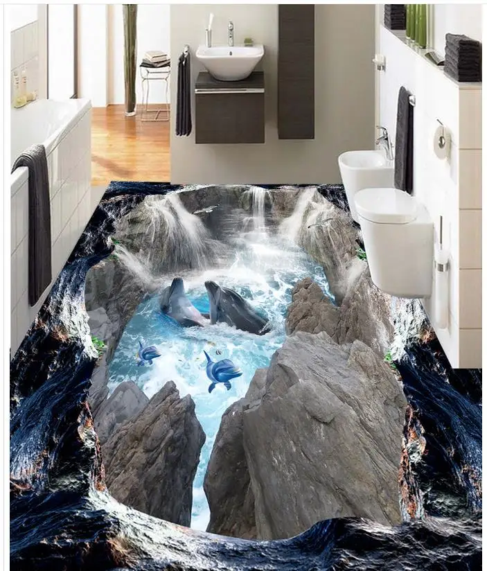 HomeDecoration 3d cliff waterfalls sea bathroom walkway flooring pvc self-adhesive wallpaper | Обустройство дома