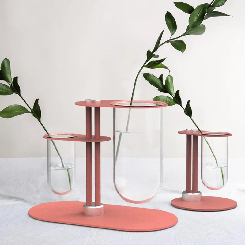 

Creative Metal Transparent Glass Tube Vase Office Desktop Decoration Crafts Hydroponics Plant Flowers Holder Bonsai Flower Vases