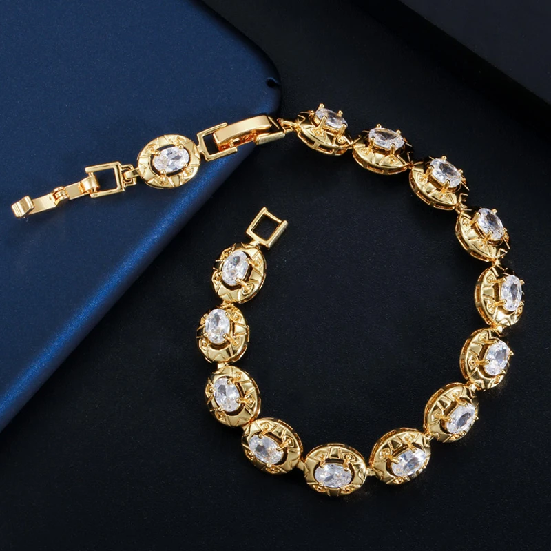 BeaQueen Luxury Yellow Gold Color Indian Jewelry Oval Round Cubic Zircon Crystal Setting Tennis Bracelets for Fashion Women B166 | Украшения