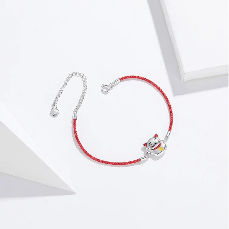 Браслет bisaer, 925 пробы, серебро, красная веревка, животное, кошка, Maneki Neko, ювелирное изделие для женщин, подарок, Стерлинговое Серебро, высокое качество, HVB012