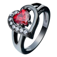 new romantic big heart rings crystal black gold filled cubic zircon red stone rings wedding engagement jewelry for women