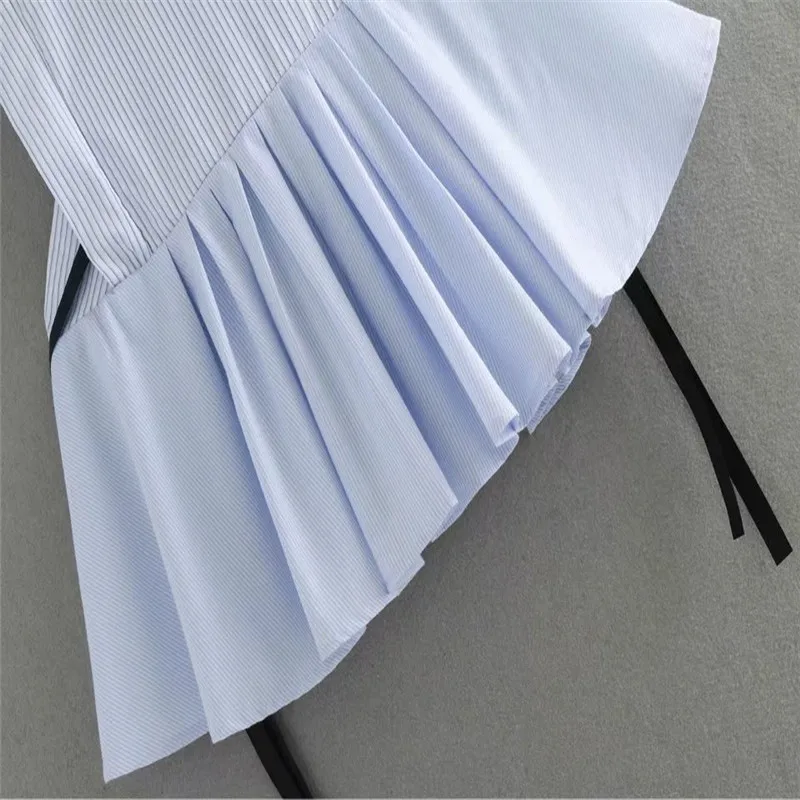 Милая плиссированная баска полосатый сорочка на бретелях Женщины топы с длинным