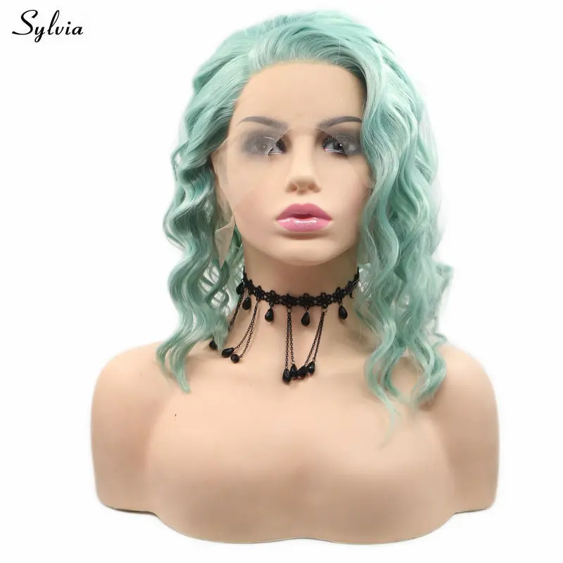 Mint Green Sylvia 1" надувной кудрявый короткий парик-Боб мятно-зеленый термостойкий синтетический парик с кружевом спереди новая прическа боковая часть косплей парики - Цвет: Mint Green