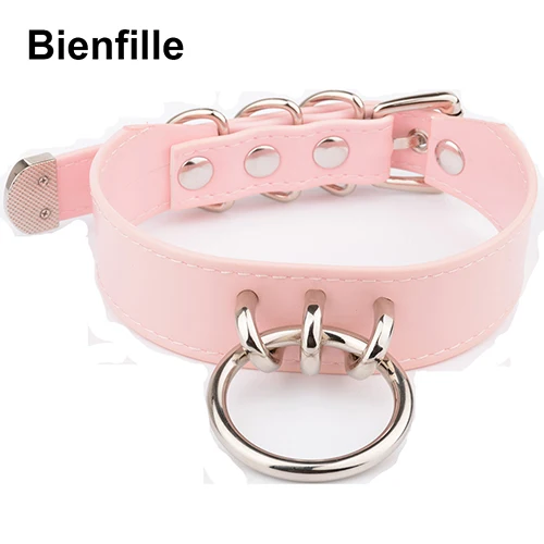 PinkSilver Готическая перевязь Goth Pastel, черный кожаный ошейник, панк, серебро, золото, круглый воротник, простой котенок, для женщин, для девочек, чокер - Окраска металла: PinkSilver