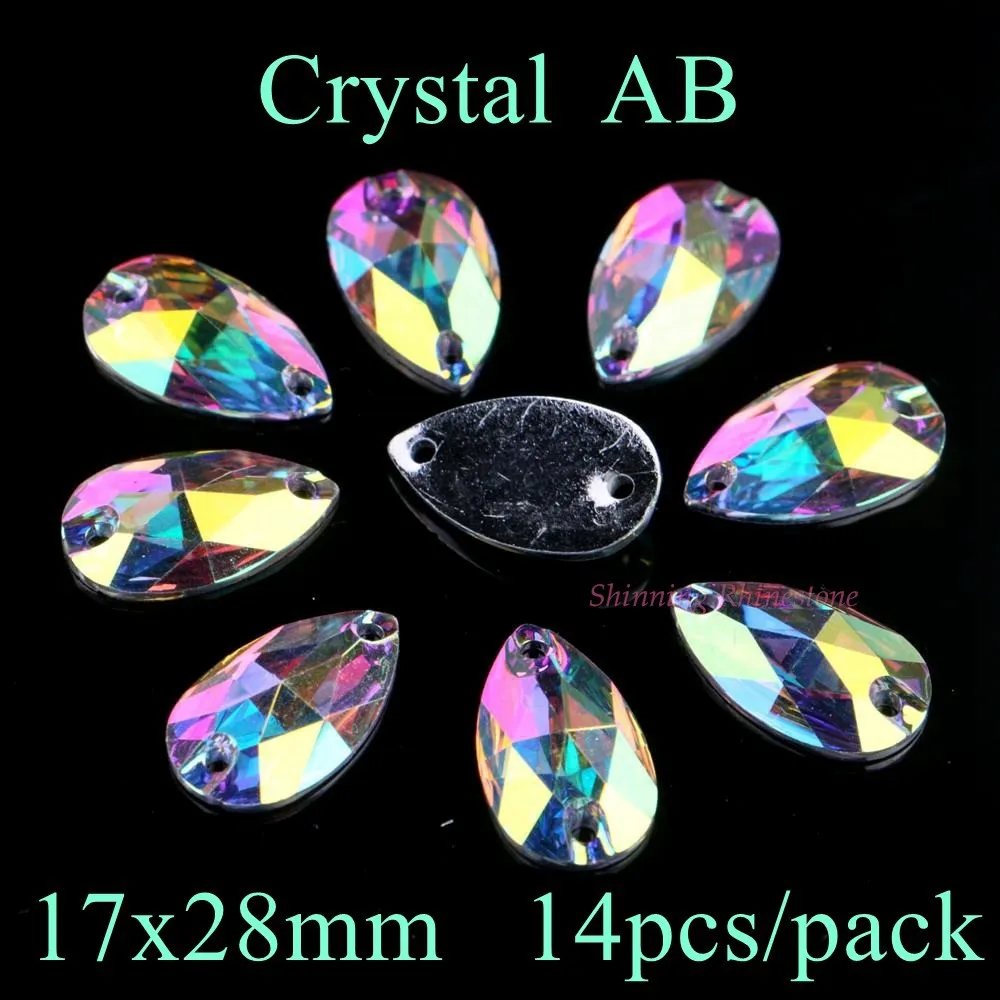 Crystal AB 17x28mm Каплевидная форма три размера Кристалл AB/прозрачный AB Цвет пришивные стразы из смолы с двумя отверстиями плоские с оборота камни - Цвет: Crystal AB 17x28mm