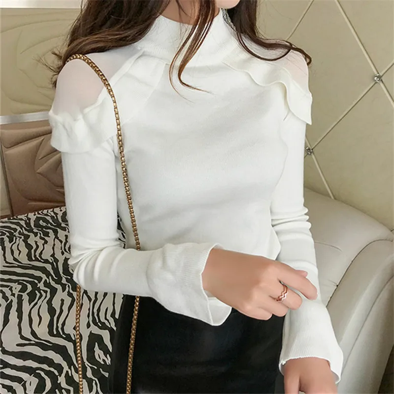 white Neploe, однотонный, с оборками, сетчатый, в стиле пэчворк, женский свитер, вязаный, женский, милый пуловер,, осень, зима, модный, Sueter Mujer 69016 - Цвет: white