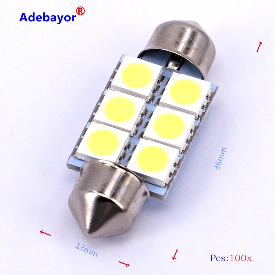 100x 36mm Dome 6 SMD 5050 LED map Auto Bulb side marker Light backup corner Interior Festoon door reading 3425 dome 12V parking |