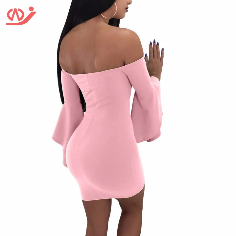 Для женщин Off Shoulder Bell Sleeve рюшами Bodycon Платья вечерние платье миди | Женская одежда