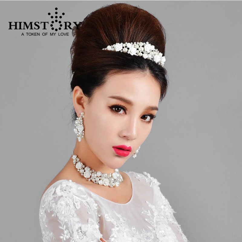 

HIMSTORY Elegant Rhinestone Pearl Flower Wedding Choker Necklaces Crown Drop Earring Fashion Bridal Jewelry Sets