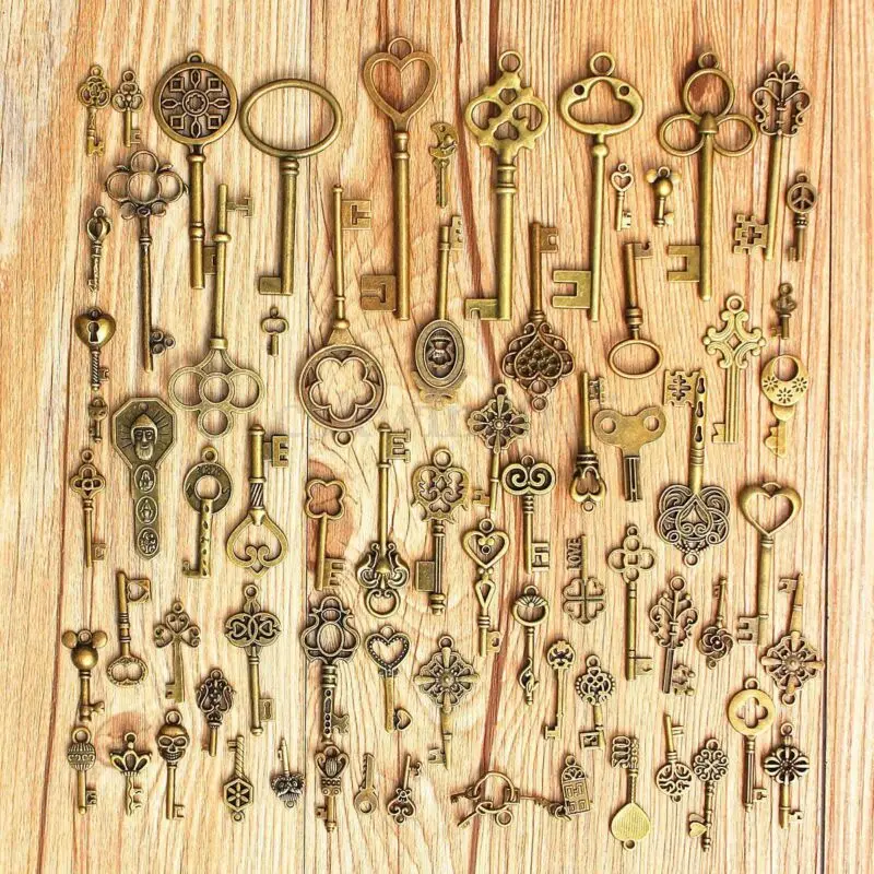 

New Creative Set 70 Antique Vintage Old LookBronze Skeleton Keys Fancy Heart Bow Pendant Hanging Decor Old Look DIY Craft Retro