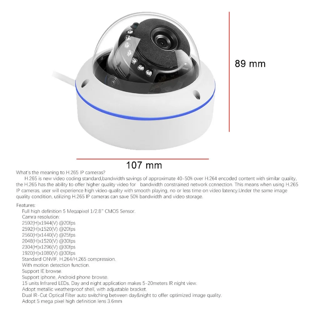 Eyessys HD 5 Мп/3 Мп/2 МП H.265 IP купольная IP-камера видеонаблюдения с 15 светодиодами ONVIF BLUE