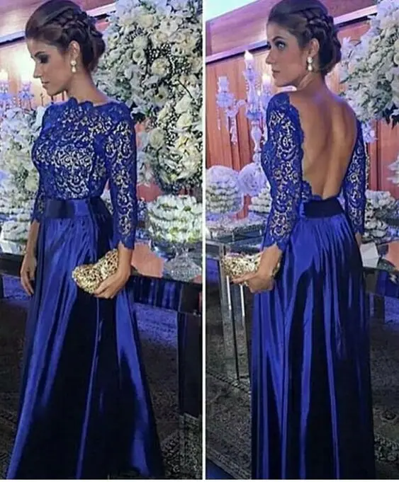 Same as Image Платья жениха для матери невесты на свадьбу, кружевное платье с длинными рукавами и v-образным вырезом, королевское синее атласное платье с открытой спиной, vestido de madrinha farsali - Цвет: Same as Image