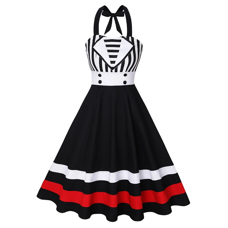 

Color Block Black Striped Summer Dress Women Retro Dress Sexy Halter Vintage Cotton Dress 50s 60s Party Vestidos Robe Femme