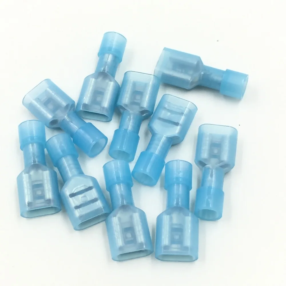 

100PCS FDFN2-250 nylon all insulated male terminal 6.3 insert spring cold pressed wiring terminal ear blue color