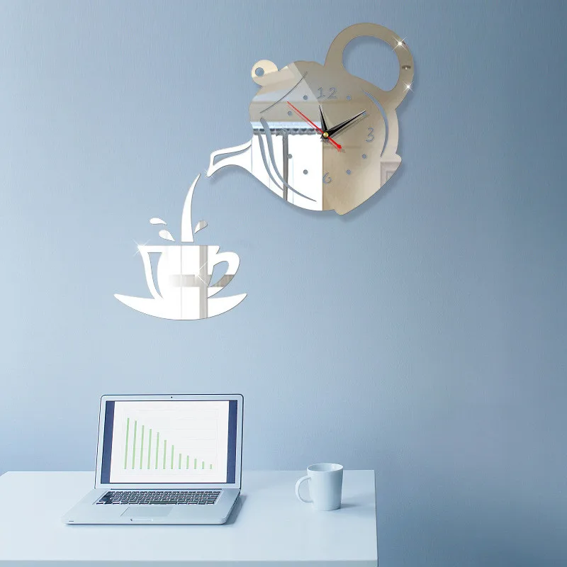 DIY акриловая кофейная чашка чайник Часы настенные зеркальные наклейки эффект 3D