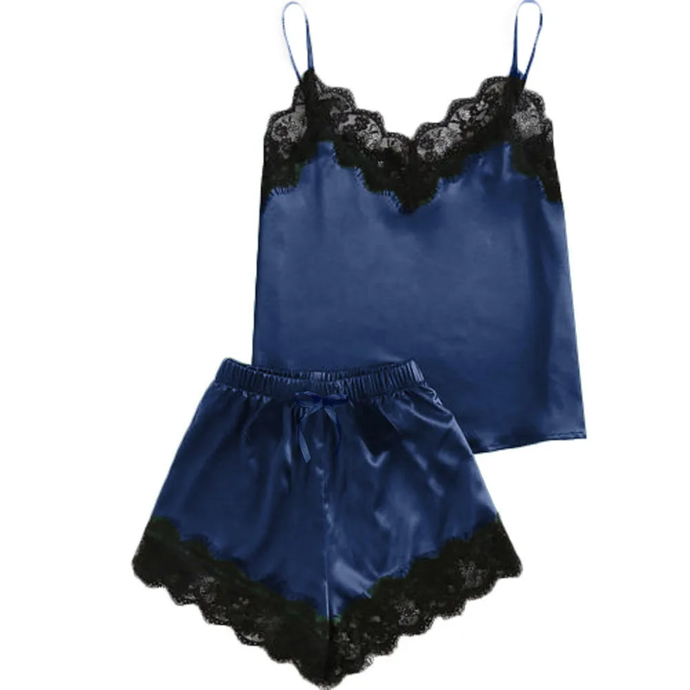 

Women Sexy Lingerie Sleepwear Sleeveless Strap Nightwear Lace Trim Satin Cami Top Sets Underwear Sets Ropa de dormirY25