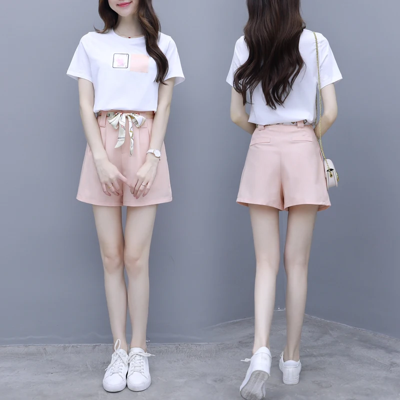 

summer two-piece clothing set women white sweatshirt & short wide-legged pants shorts leisure suit casual vestidos girl clothes