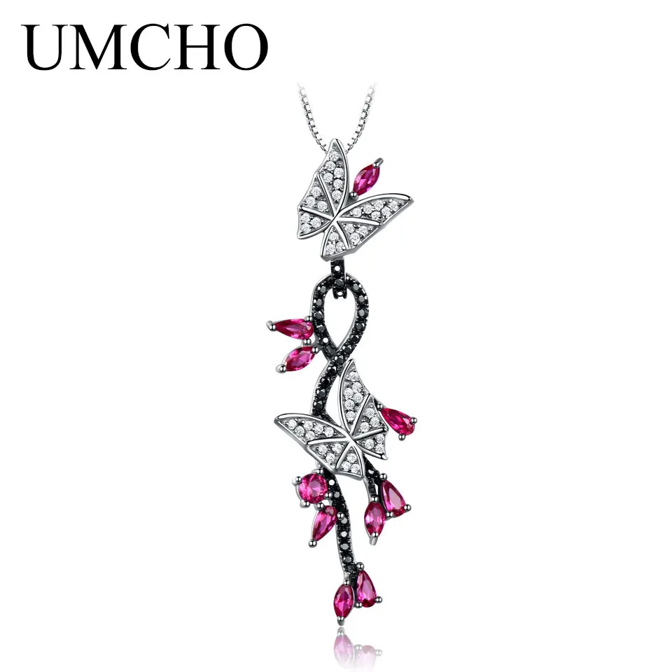 

UMCHO Solid 925 Sterling Silver Pendants Necklace Butterfly Created Ruby Gemstone Black Spinel Pendants For Women Without Chain