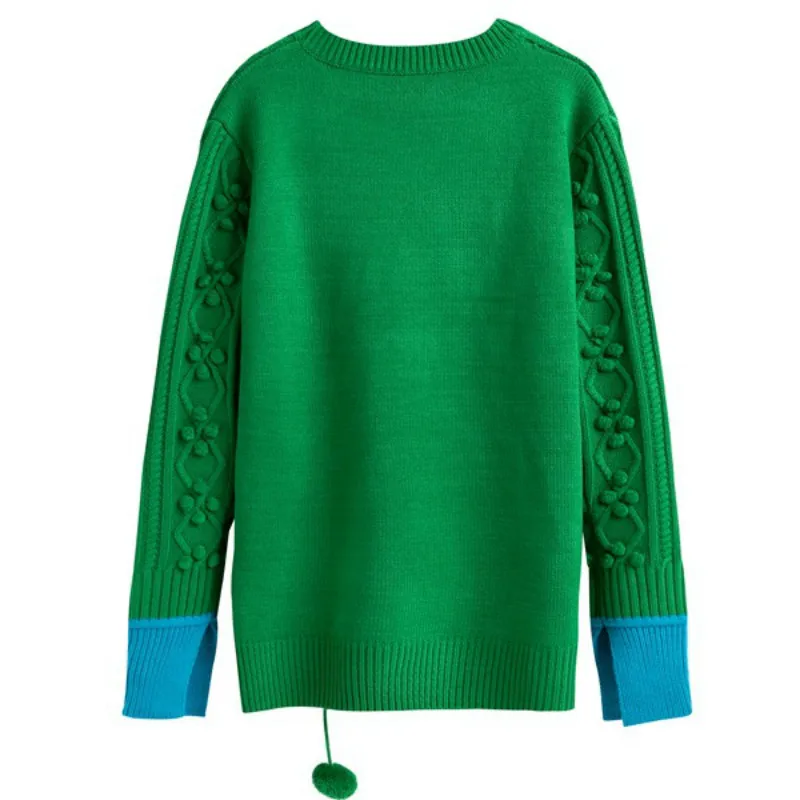 

High Street Women's Knitted Pullover Embroidery Ball Green O-neck Autumn Thick Sweaters Female Outerwear Party Loose Top Jumper