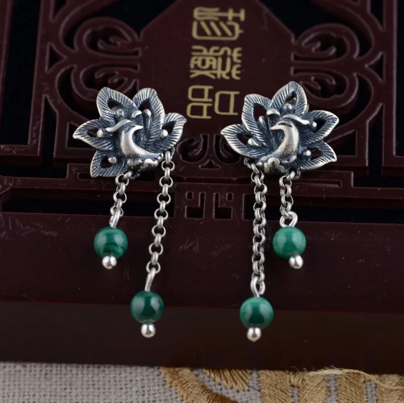 KJJEAXCMY fine jewelry 925 pure silver inlaid Malachite earrings wholesale Thailand women's | Украшения и аксессуары