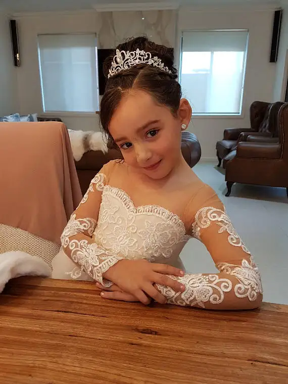 Ivory ball gown Long sleeves sheer back sweetheart lace appliques flower girl dresses first communion with long train bow | Детская