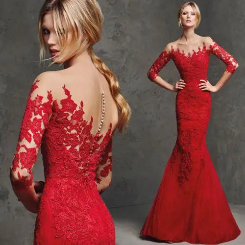 Новый Элегантный 3/4 Рукава Свадебные Платья Красные Кружевные Русалка