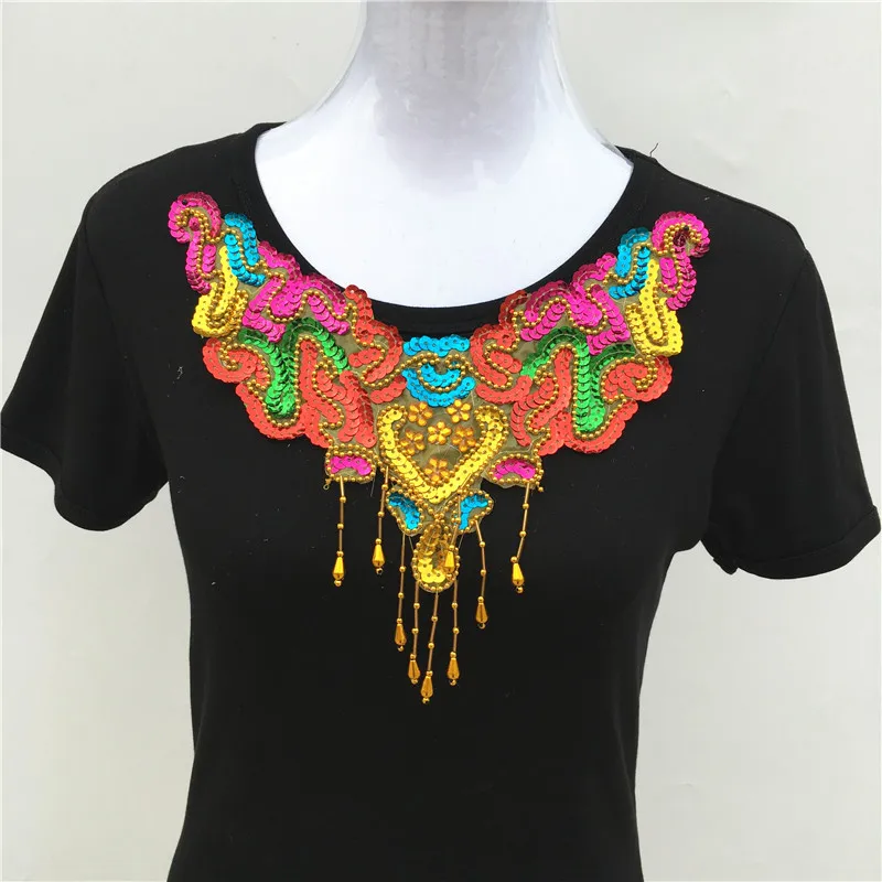 1pc Gold/Silver Beads Sequins Flower Lace Neckline Collar Sewing-On Embroidery Appliques For Dance Costumes Cloth Accessories | Дом и сад
