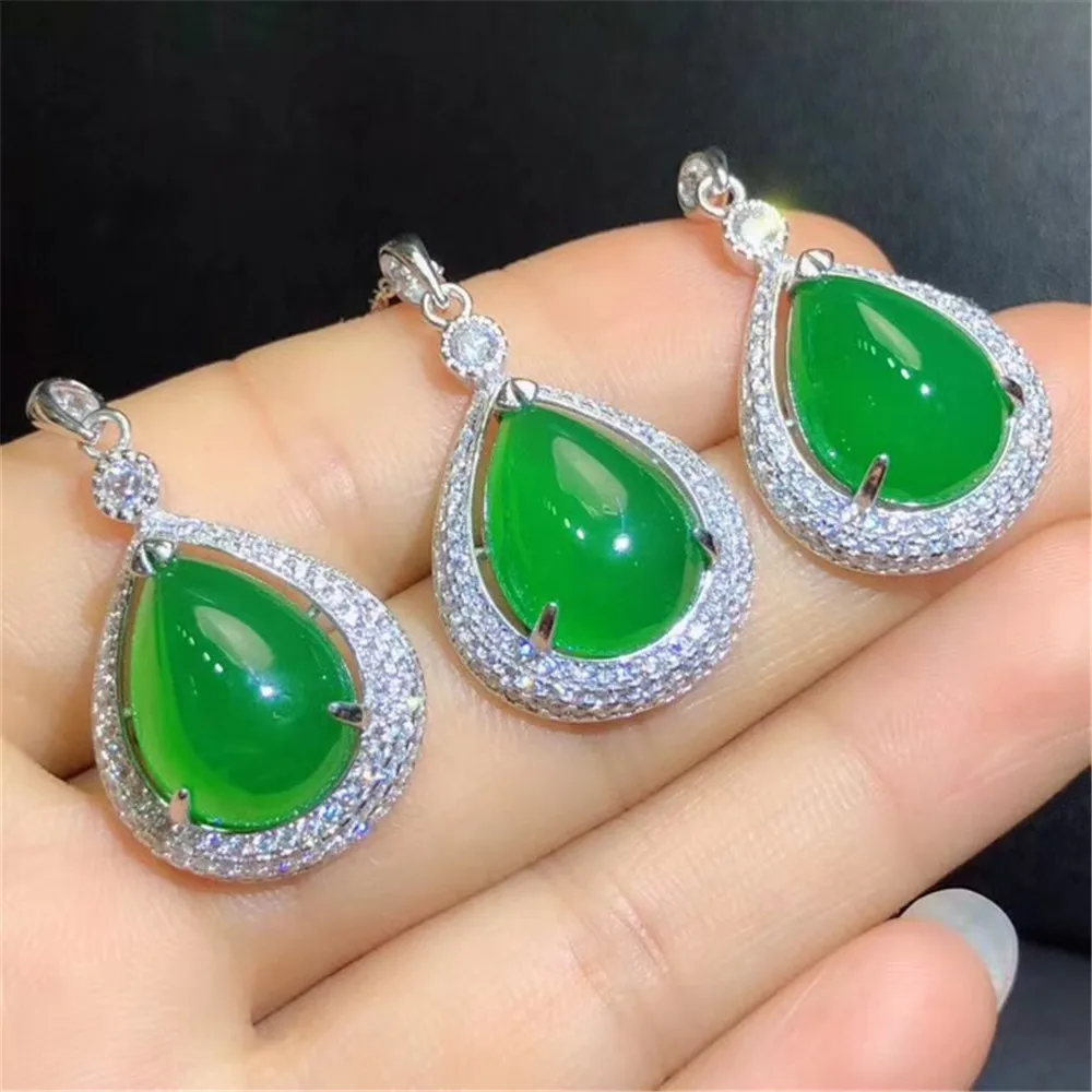 

gemstone fine jewelry wholesale ethnic 925 sterling silver natural green chalcedony jade waterdrop necklace pendant for female