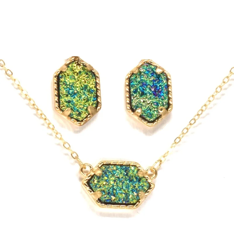 10 видов цветов Druzy Drusy ожерелье серьги гвоздики с шестигранным кристаллом из