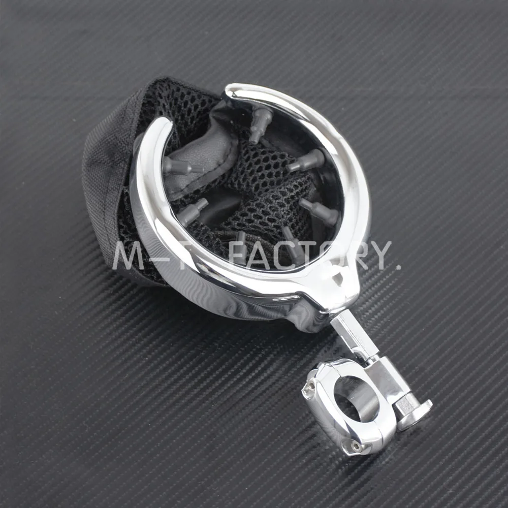 저렴한 Universal Motorcycle Handlebar Cup Holder Drink Basket Chrome Metal For Harley Touring FXDF Electra Glide Dyna Fat Bob Custom