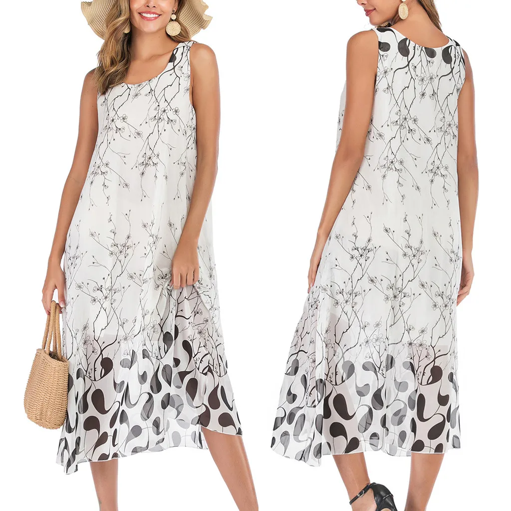 

Women's Summer Hot Sale Casual Bohemian Print Beach Style Dress Chiffon Swing Dress Sleeveless Midi Dress White robe femme 40*