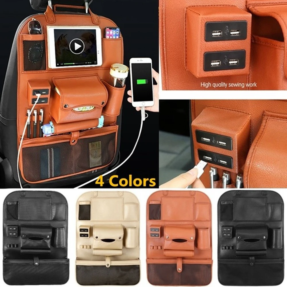 4 usb charger storage pu leather travel multifunction pocket stowing tidying auto accessories car seat back bag car organizer free global shipping