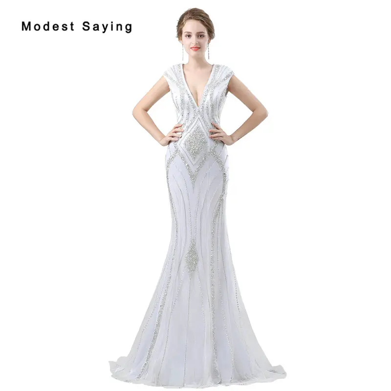 

Роскошные сексуальные вечерние платья русалки с открытой спиной, бисером, 2018 со стразами, Формальные платья для выпускного вечера с глубоким вырезом, vestido de festa