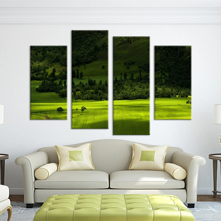 4 панели современная Печать зеленое дерево горная настенная живопись на холсте