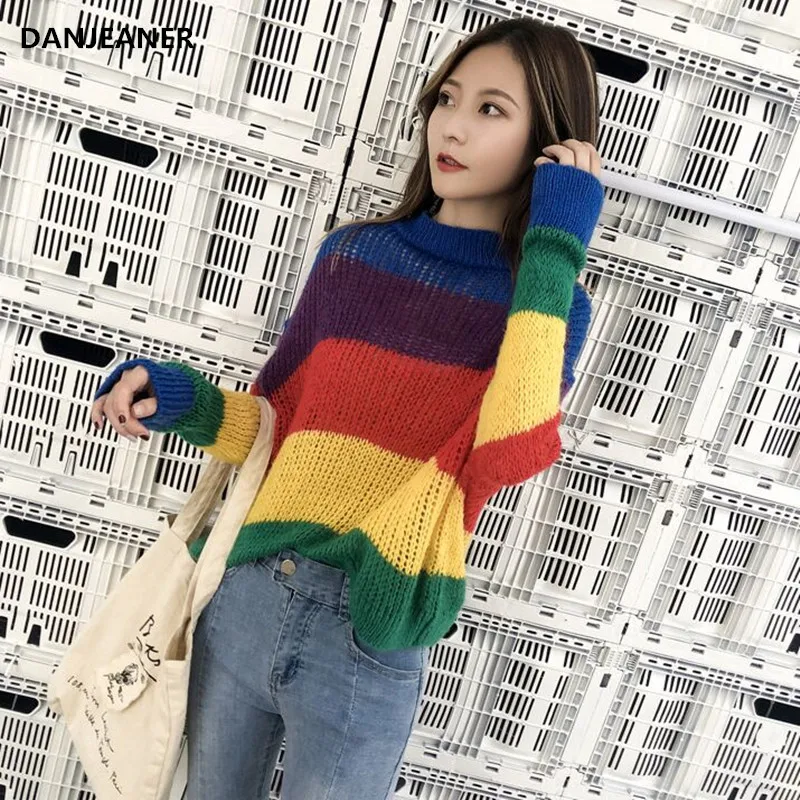 Danjeaner Womens Sweaters 2018 Winter Fashion Rainbow Striped Turtleneck Pullovers Knitted Jumpers Streetwear Oversized | Женская одежда