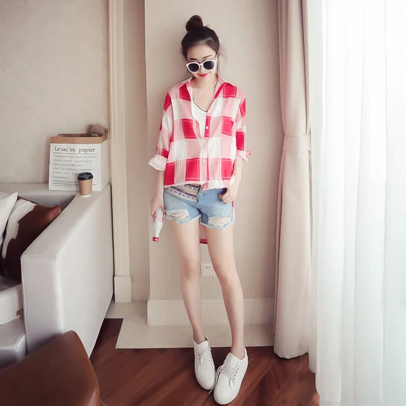 2018 New Fashion Women Large Blue Red Plaid Stripe Half Frill Sleeve Lapel Long Women's Tops blusas blouse |