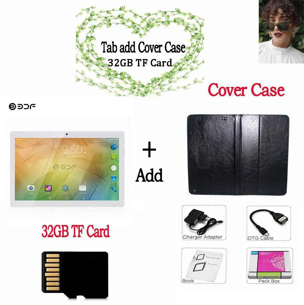 Leather Case 32GB TF BDF планшеты Новые 10 дюймов 4 аппарат не привязан к оператору сотовой связи Tablet PC, четыре ядра, 4 Гб Оперативная память 64 Гб Встроенная память 5MP 1280*800 ips на экран мобильного телефона или планшета 10,1 Планшеты Android 7,0+ подарки - Комплект: Leather Case 32GB TF