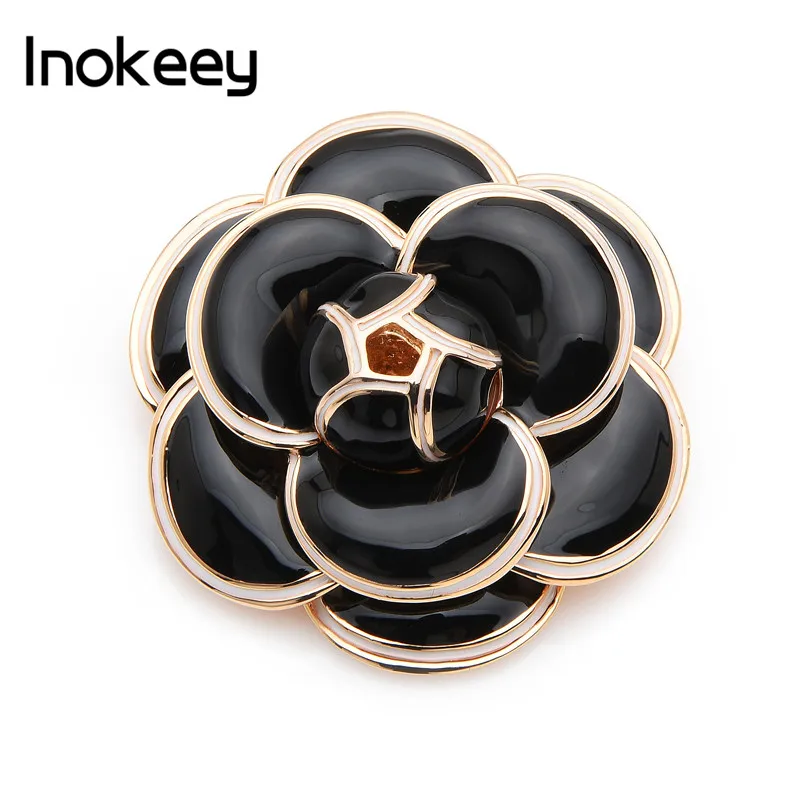Inokeey Quality Heavy Enamel Black Camellia Flower Brooch Pins For Women Scarf Buckle Fashion Jewelry Gift | Украшения и