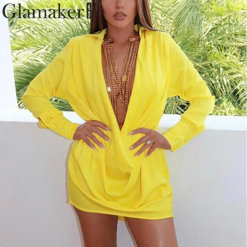 Glamaker, однотонная блузка с длинным рукавом и глубоким v-образным вырезом, рубашка, женская черная сексуальная летняя блузка, платье, женская блузка, элегантная Офисная Женская верхняя одежда - Цвет: Цвет: желтый