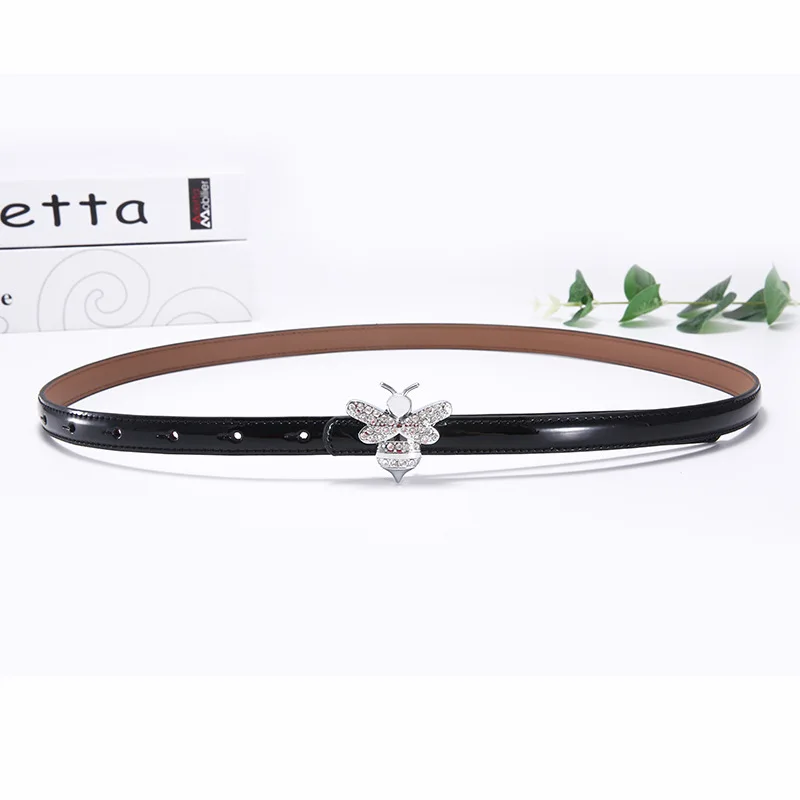 silver buckle black Брендовые дизайнерские тонкие ремни из натуральной кожи для женщин модные стразы пряжка в виде пчелы платье ремень женский Высокое качество Роскошный ремень - Цвет: silver buckle black