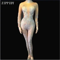 2019 new design silver rhinestones nude jumpsuit sexy performance bodysuit female singer rompers wear dance wear stretch o
