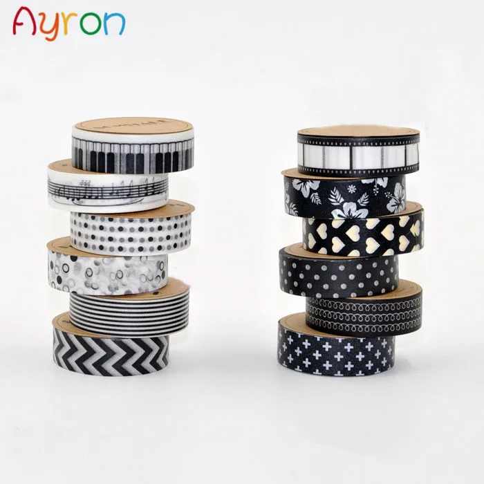 Лента декоративная черно белая 15 мм * 10 м|japanese washi tape|white adhesive tapewashi tape |
