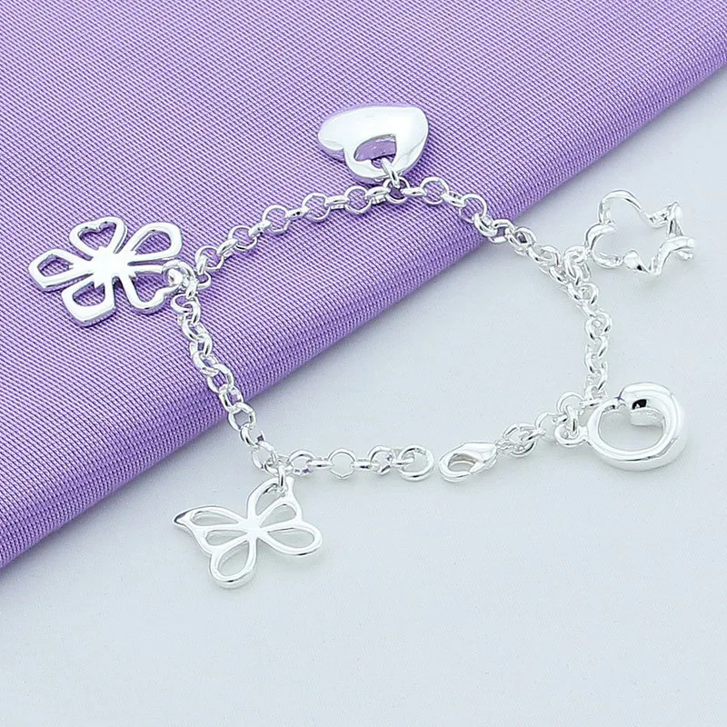 

925 Jewelry Silver Plated Love Heart& Flower Charm Bracelets For Women Wedding Jewelry